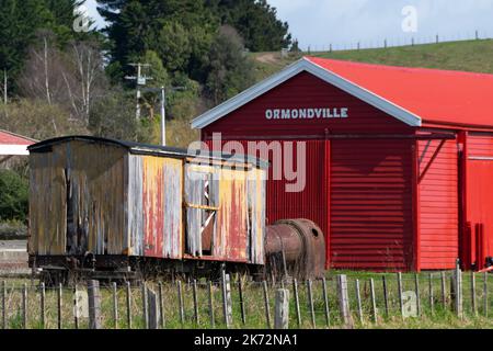 Eisenbahngüterschuppen, Ormondville, Tararua District, North Island, Neuseeland Stockfoto