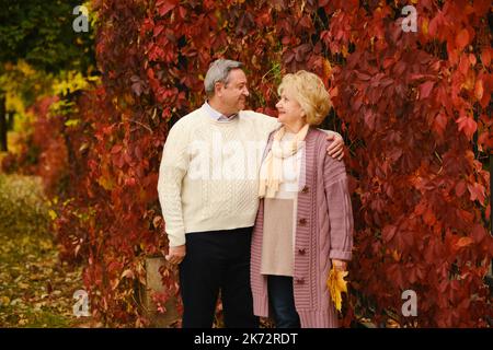 Seniorenpaar im Park an einem Herbsttag Stockfoto