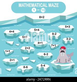 Mathematik Labyrinth für Kinder. Winterkollektion. Walross in der Arktis auf einer Eisscholle Stock Vektor