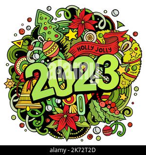 2023 Kritzeleien Illustration. Neujahrs-Objekte und Elemente-Poster Stock Vektor