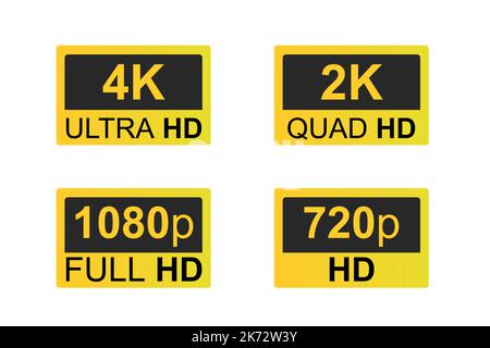 Display-Auflösung Gold-Symbole, 4K Ultra HD-Auflösung, 2k Quad HD, Full HD 1080p und HD 720p. Stock Vektor