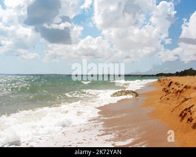 Meereslandschaft mit einem malerischen bewölkten Himmel. Sandstrand Küste. Digitale Stilisierung einer Aquarellzeichnung Stockfoto