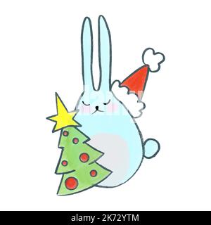 Vektor Cute Aquarell Hand gezeichnet Weihnachten blau Hase trägt einen Party-Hut und hält einen Weihnachtsbaum. Kaninchen mit Neujahrsdekoren. Stock Vektor