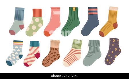 Kollektion von trendigen Socken aus Baumwolle und Wolle mit verschiedenen Texturen isoliert auf weißem Hintergrund Vektor-Illustration Stock Vektor