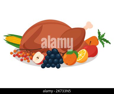 pute oder Huhn auf einem Teller rösten, mit Obst und Gemüse dekoriert. Das Symbol von Thanksgiving. Kulinarisches gegrilltes Fleischgericht. Vektorgrafik Stock Vektor