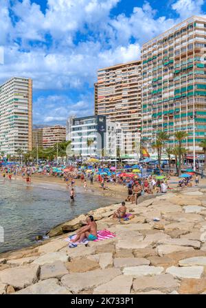 Die beliebte Strandpromenade, Promenade und Strände am Levante Beach in Benidorm an der Costa Blanca Küste des Mittelmeers, Spanien. Stockfoto