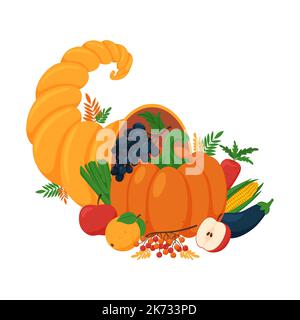 Füllhorn. Horn von viel mit Obst, Gemüse. Kürbis, Mais, Auberginen, Apfel. Vektor-Illustration für Erntedankfest oder Herbsterntefest. Auto Stock Vektor