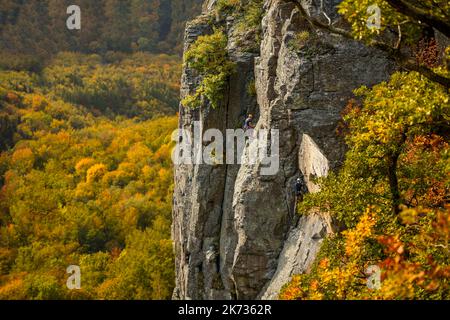 Kletterer. Aktiver Lebensstil, riskante Hobbys, gefährlicher Adrenalin-Sport-Hintergrund. Eine Gruppe von Freunden klettert auf die Hradok-Felswand in der Slowakei. Stockfoto