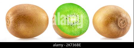 Set von Kiwi-Früchten und Kreuzschnitt von Kiwi isoliert auf weißem Hintergrund. Stockfoto