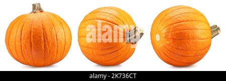 Drei orangefarbene runde Kürbisse, Symbol von Halloween isoliert auf weißem Hintergrund. Stockfoto