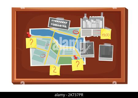 Detective Investigation Board, Arbeitsplatz im Cartoon-Stil isoliert auf weißem Hintergrund. Mystery Foto, Karte, Polizei Mind Plan . Vektorgrafik Stock Vektor