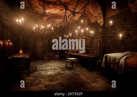 Dracula Schloss Zelle Innenraum mit Ketten von Kerzenständer, Schreibtisch und Bett. Horror Halloween Spiel Einstellung. Ein siebenbürgischer Vampir-Dungeon Stockfoto