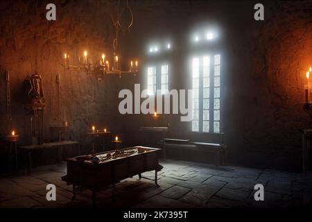 Die Folterinquisitionskammer der Burg Dracula mit Folterwerkzeugen und Blut, das von Kerzenleuchtern angezündet wird. Indoor von siebenbürgischen Vampir Horror Dungeon für Stockfoto