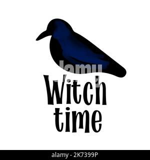 Schwarze Krähenillustration mit Text Witch Time isoliert auf weißem Hintergrund Stock Vektor