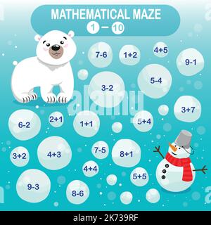 Mathematisches Labyrinth. Spiel für kleine Kinder. Winterkollektion. Eisbär und Schneemann Stock Vektor