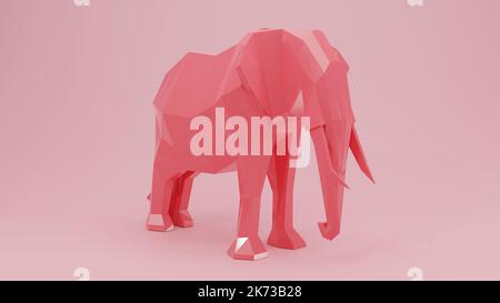 Rosa Elefant mit niedrigem Poly-Niveau. 3D Darstellung rendern Stockfoto