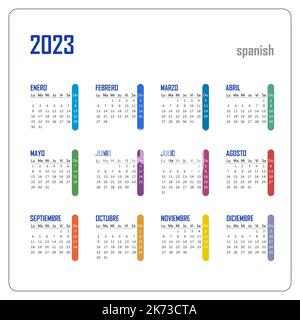 Taschenkalender auf 2023 Jahr, Spanisch. Farbiger horizontaler Kalender. Die Woche beginnt ab Montag. Vektorvorlage für Unternehmen. Stock Vektor