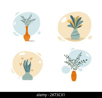 Haus Pflanzen in Töpfen. Sammlung von niedlichen Blumen und Pflanzen in Vasen. Handgezeichnete Vektorgrafik. Trendige Heimpflanzen im flachen Stil. Stock Vektor