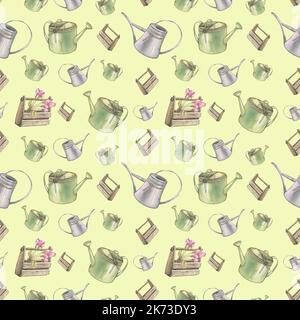 Gießkannen und Holzkisten mit Apfelblüten. Aquarelldarstellung. Nahtloses Muster aus dem APFELBAUM-Set. Für Stoff, Textilien Stockfoto