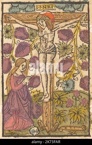 Anonym Niederländisch - Christus am Kreuz mit Weinrebe, um 1490/1500 - Holzschnitt, handkoloriert Stockfoto