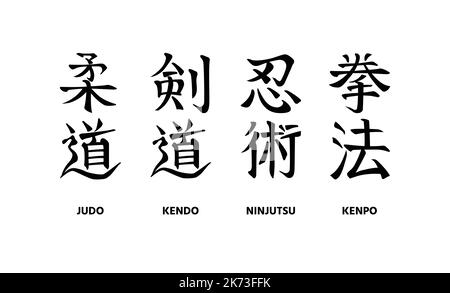 Judo, Kendo, Ninjutsu, Kenpo. Sammlung editierbarer kalligraphischer Namen japanischer Kampfkünste Einfache moderne vertikale Hieroglyphen zum Sticken, l Stock Vektor
