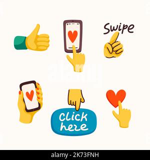 Klicken Sie hier auf die Aufkleber für Social Media, um eine flache Illustration für Blogs oder Vlog-Vektorgrafiken zu erstellen. Satz von Cartoon-Symbole für die Herstellung von Internet Stock Vektor