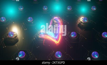 In Quantum PC. Quantencomputing, Circuit at Work - Überlagerung und Verschränkung, Qubit-Zustände dargestellt durch Bloch-Kugeln, 3D Rendering Stockfoto