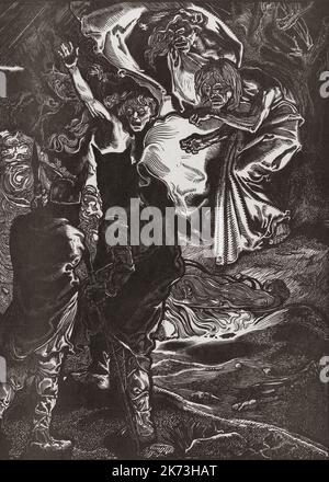 Macbeth und Banquo treffen auf die drei Hexen. Eine Szene aus William Shakespeares Macbeth, Akt 1, Szene 3. Nach einem Werk von Johannes Josephus Aarts aus dem frühen 20.. Jahrhundert. Stockfoto