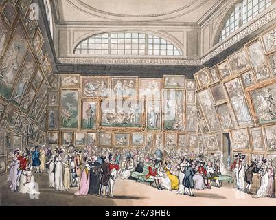 Ausstellungsraum, Somerset House. Ca. 1808. Der große Saal der Königlichen Akademie. (Dieser Raum ist jetzt Teil der Courtauld Gallery). Nach einem Werk von August Pugin und Thomas Rowlandson im Londoner Mikrokosmos, erschienen in drei Bänden zwischen 1808 und 1810 bei Rudolph Ackermann. Pugin war der Künstler, der für die architektonischen Elemente in den Mikrokosmos-Bildern verantwortlich war; Thomas Rowlandson wurde beauftragt, die lebendigen menschlichen Figuren hinzuzufügen. Stockfoto