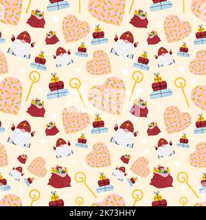 Einfaches, handgezeichnetes, farbiger Vektor-Nahtloses Muster. Feier von St. Nikolaus-Tag, Sinterklaas. Zum Bedrucken von Geschenkpapier, Geschenken, Textilien. Stock Vektor