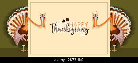 Lustige Truthähne für den Danktag. Horizontales Grußansage-Banner Stock Vektor