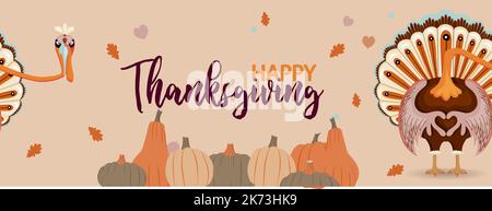Lustige Truthähne für den Danktag. Horizontales Grußansage-Banner Stock Vektor