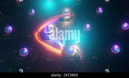 In Quantum PC. Quantencomputing, Circuit at Work - Überlagerung und Verschränkung, Qubit-Zustände dargestellt durch Bloch-Kugeln, 3D Rendering Stockfoto