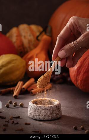 Hausgemachte Kürbiswürze von Grund auf auf auf dunklem Hintergrund und stimmungsvolle Hintergrundbeleuchtung zubereiten Stockfoto