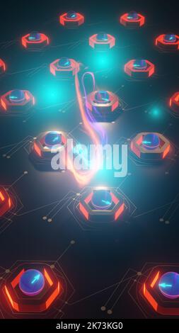In Quantum PC. Quantencomputing, Circuit at Work - Überlagerung und Verschränkung, Qubit-Zustände dargestellt durch Bloch-Kugeln, 3D Rendering, 16x9 Stockfoto
