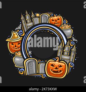 Vektorrahmen für Halloween mit leerem Copyspace für Gratulationstext, dekorativer Anhänger mit geschnitztem Zorn halloween Jack-o-Laterne im Hut, mystische Ca Stock Vektor