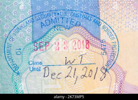 Department of Homeland Security US Customs and Border Protection gab neuen Newark, NJ - Stempel im britischen Pass, 23 2018. September, zu Stockfoto