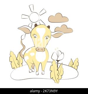 Niedliche Cartoon Kuh oder Stier grasen auf dem Feld. Helle und gemütliche Baby Illustration für ein Buch, Zeitschrift, Malbuch, Notebook, T-Shirt, Kinderartikel und -Kleidung. Frühling oder Sommer Bild von Bauernhof Stock Vektor