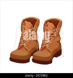 Paar braune Leder Wanderschuhe im Cartoon-Stil isoliert auf weißem Hintergrund. Vektorgrafik Stock Vektor