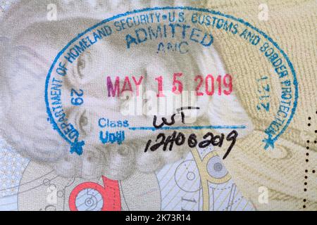 Department of Homeland Security US Customs and Border Protection Zugelassen ANC Anchorage, AK - Stempel im britischen Pass Mai 15 2019 Stockfoto