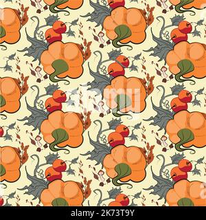 Herbstkürbisse mit blauem Hintergrundmuster. Ahornblätter, Sonnenblumen, Blüten ditsy. Perfekt für Herbst, Thanksgiving, Feiertage, Stoff, Textilien. Nahtloses Wiederholungsmuster. Vektorgrafik Stock Vektor