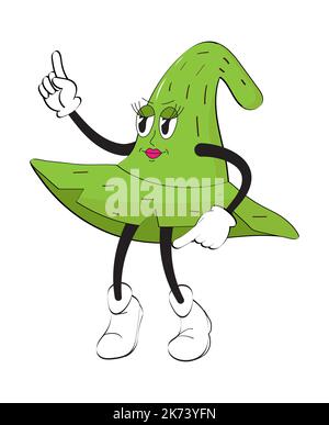 Hexenhut Maskottchen Vektor im Retro-Stil. Hexenhut mit Handschuhen. Sticker Pack von lustigen Comic-Figuren im 90s Stil. Verrückte Halloween Aufkleber ich Stock Vektor