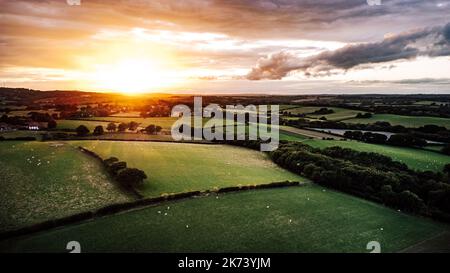 Luftdrohne aufgenommen mit Sonnenuntergang in Großbritannien. Landwirtschaftliches Feld in Kent. Stockfoto