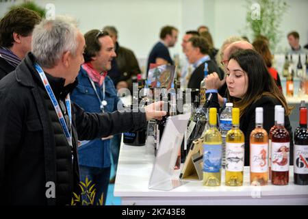 Montpellier, Frankreich, Jan 29. 2017 VINISUD ist das Schaufenster der weltweit führenden Weinregion, dem Mittelmeer, das allein mehr als 50 % der weltweiten Produktion ausmacht. Jede Veranstaltung bringt die Mehrheit der mediterranen Weinproduzenten und professionellen Einkäufer aus allen Kontinenten zusammen und trägt so dazu bei, das Mittelmeer für neue Weinmärkte zu öffnen. Stockfoto