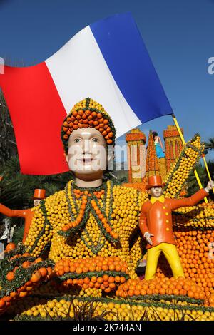 Menton, Frankreich, feb 15. 2017 Lemon Festival / La Fête du Citron, ein weltweit einzigartiges Ereignis, zieht jedes Jahr mehr als 160.000 Besucher an – eine Zahl, die ständig steigt. 83. Lemon Festival - von samstag, 13.. februar um 2 Uhr bis mittwoch, 2.. märz 2016 inklusive Stockfoto