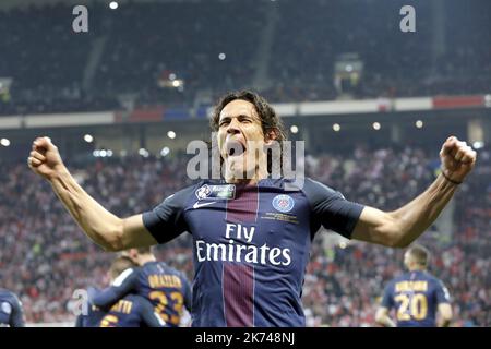 ©PHOTOPQR/LE PARISIEN ; Fußball, Finale de la Coupe de la Ligue au Parc OL à Lyon - Decines, AS MONACO - PARIS SG / BUT CAVANI FOTO : ARNAUD JOURNOIS LE 01 04 2017 - das Finale des französischen Ligapokals zwischen Paris Saint-Germain (PSG) und Monaco (ASM) am 1. April 2017 im Stadion Parc Olympique Lyonnais in Decines-Charpieu in der Nähe von Lyon. Stockfoto