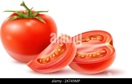 Realistisches Gemüse. 3D Agrarnahrungsmittel. Frisches vegetarisches Produkt auf dem Bauernhof. Ganze und geschnittene Tomaten. Gesunde Ernährung Ernährung. Reife Ernte. Pflanzen Sie Früchte Stock Vektor