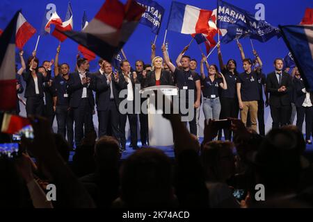 Präsidentschaftskampagne von Marine le Pen in Frankreich. Treffen des rechtsextremen populistischen Front National. Stockfoto
