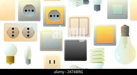 Steckdosen, Schalter und Glühlampen. Elektrische Geräte für Heimnetzwerke. Ersatzteile für die Arbeit eines Elektrikers. Isoliert auf weißem Hintergrund. Vecto Stock Vektor