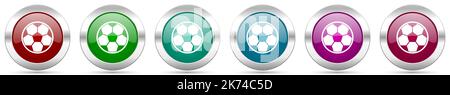 Silbernes Fußball-Metallic-Vektor-Icon-Set, runde glänzende Knöpfe mit Chromrand für Webdesign Stock Vektor